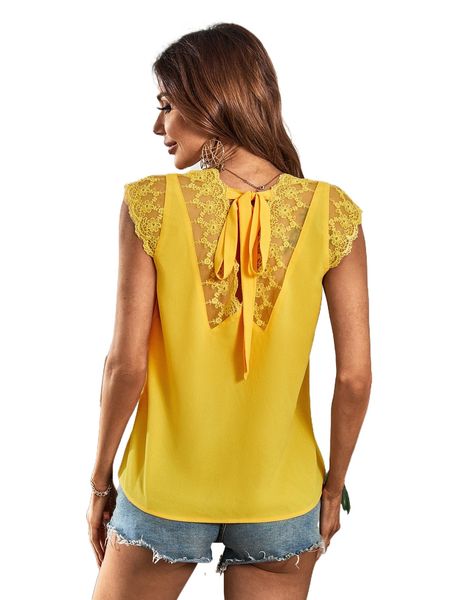 

embroidery mesh scallop trim tie back blouse q2h1#, White