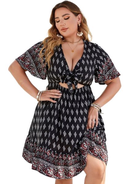 

plus damask print tie front flutter sleeve dress a86a#, Black