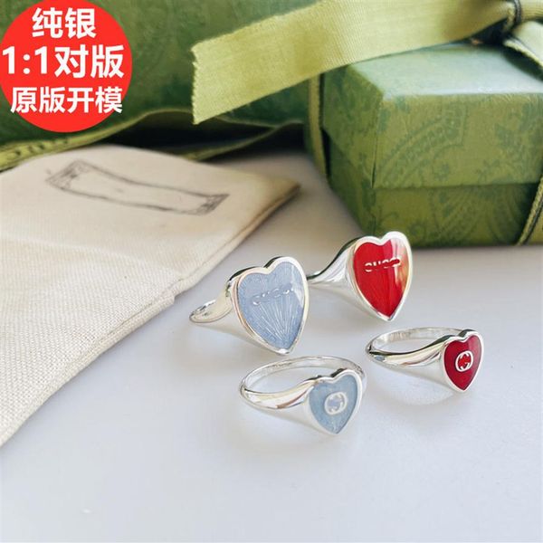 

new jewelry light blue peach heart 925 silver red enamel love men's and women's same type couple pair index finger ring255k
