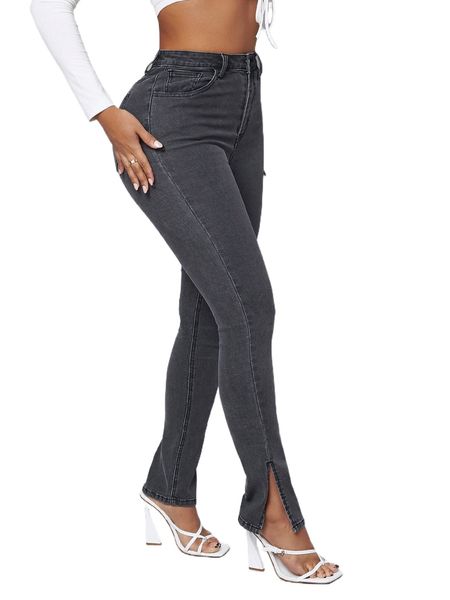 

sxy high waist slit hem skinny jeans a1ca#, Blue