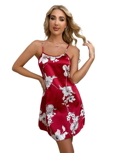 

floral print satin slip sleepdress v816#, Black;red