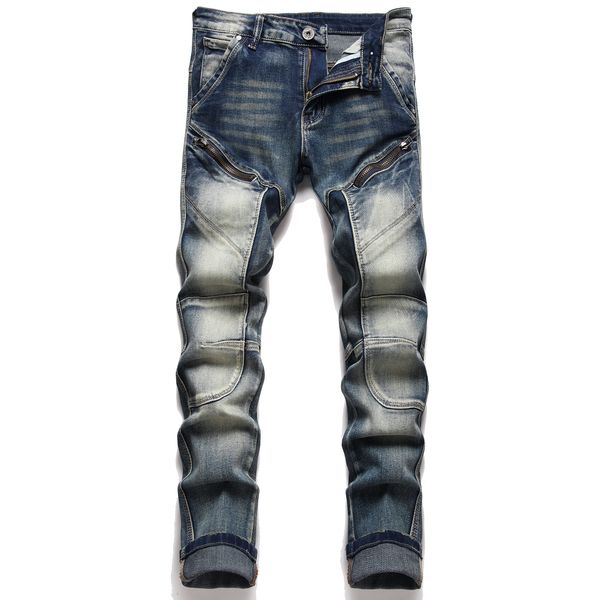 

men patchwork jeans slim fit straight leg jean pant hip hop casual trousers, Blue