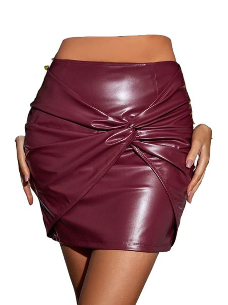 

sxy twist front pu bodycon skirt t99t#, Black