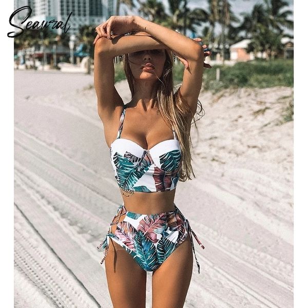 

high waist bikini set mujer push up bandage bikini swimwear women floral two pieces swimsuit strappy biquinitraje de baÃ±o 220427, White;black