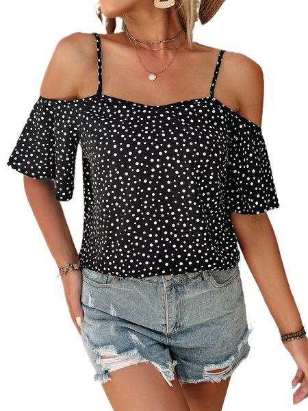 

polka dot cold shoulder blouse b3w5#, White