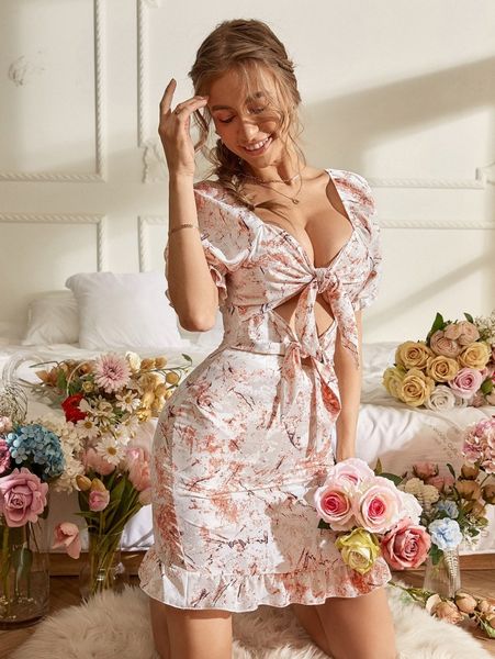 

random allover print cut out knot front ruffle hem bodycon dress d1p9#, Black;gray