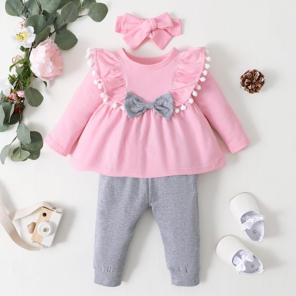 

3m-24m newborn baby girl clothes set toddler outfits fashion big bow pants whole kids girls, White