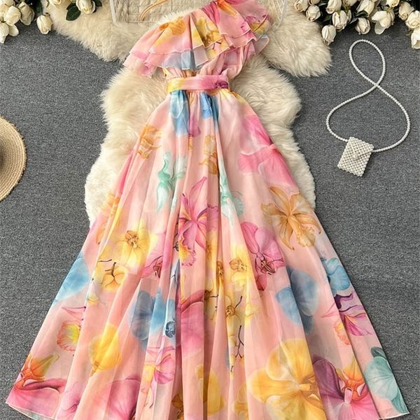 

summer dress ladies' bandage irregular slanted shoulder chiffon floral print straps waist long maxi vestido d0960 220520, Black;gray