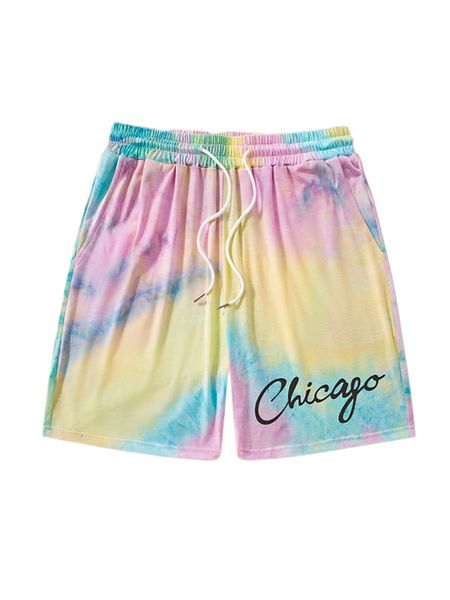 

men tie dye & letter graphic drawstring waist shorts v7jw#, White;black