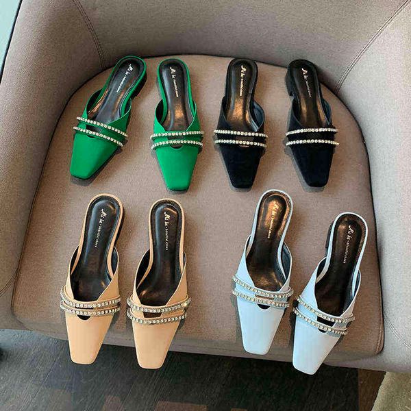 

slippers new women round toe black green blue beige metal chain casual slides mules shoes flat heeled party dress 39 220328