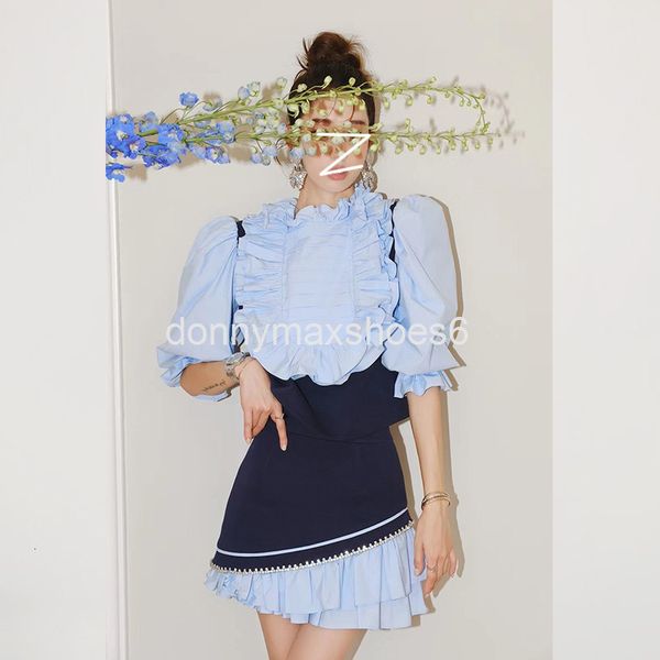 

two piece dress european court style lotus leaf edge shirt set bubble sleeve blouse in autumn 21 irregular diamond inlaid skirt, White
