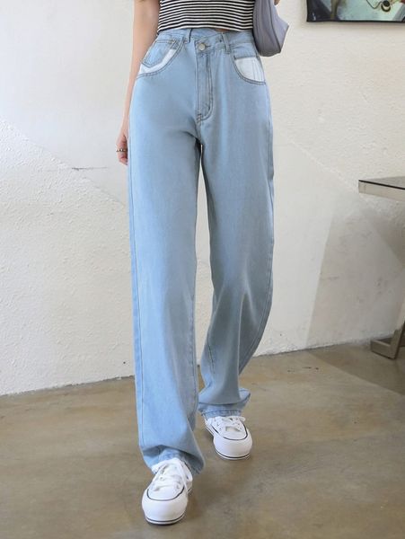 

dazy asymmetrical waist contrast panel jeans j6ec#, Blue