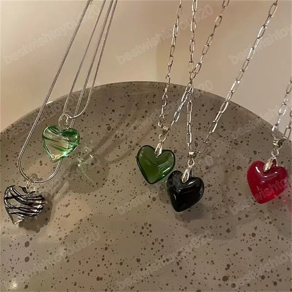 Aesthetic Green and Black Zebra Stripe Glass Heart heart shaped pendant necklace for Women - Unique Chain Jewelry