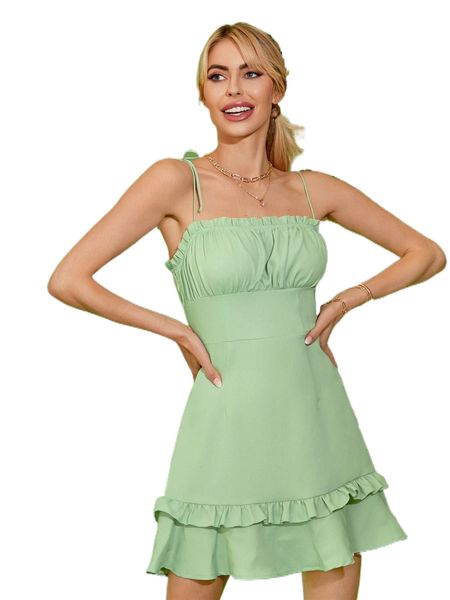 

frill trim knot shoulder ruffle hem cami dress c4vd#, Black;gray