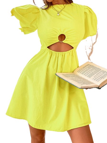 

cut out waist puff sleeve dress i7bl#, Black;gray