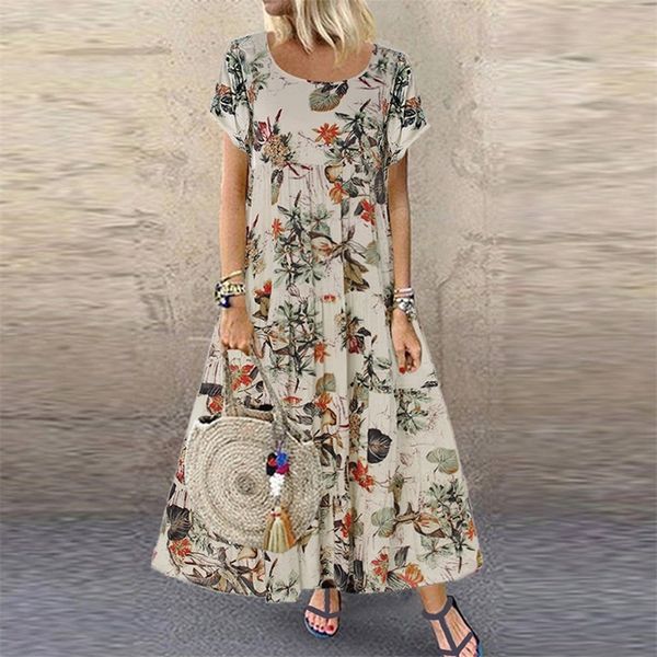 Vestido floral longo vintage mulheres verão elegante casual linho de algodão feminino vestidos boho praia maxi vestido férias festas 220527