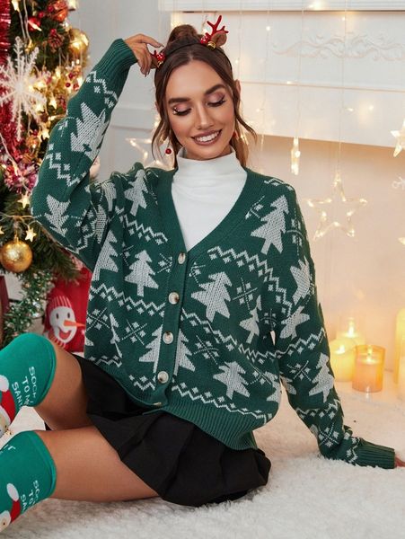 

christmas tree pattern drop shoulder cardigan e5sm#, White;black