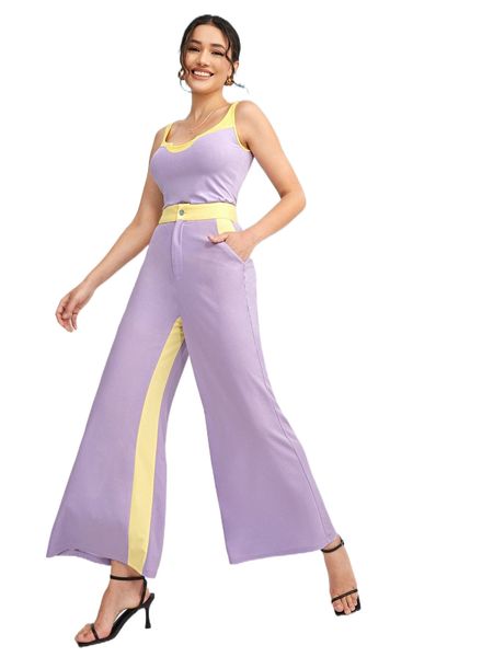 

x vae colorblock notched neck tank & wide leg pants e6ys#, White