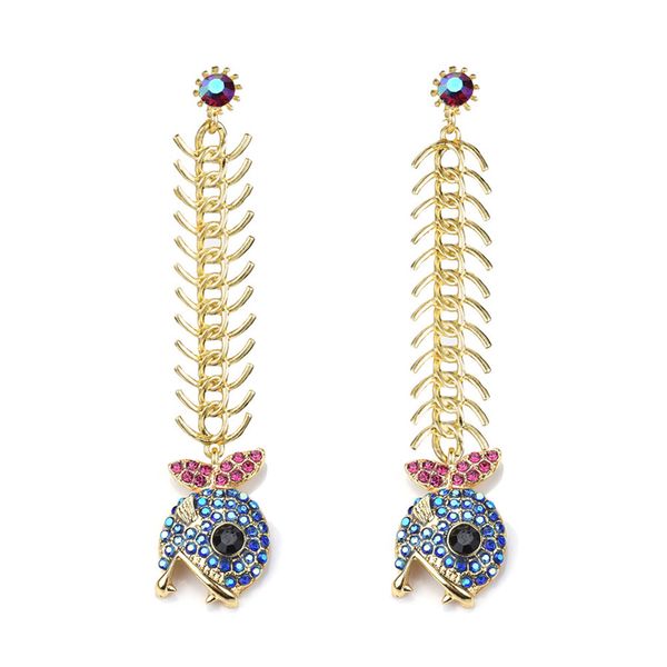 

new creative personality alloy dangle fish bone rhinestone colored diamond piranha earrings female retro jewelry, Silver