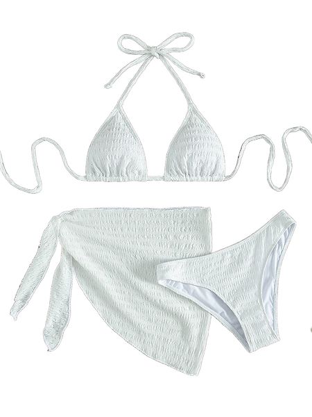 

textured halter triangle bikini swimsuit with beach skirt 56og#, White;black