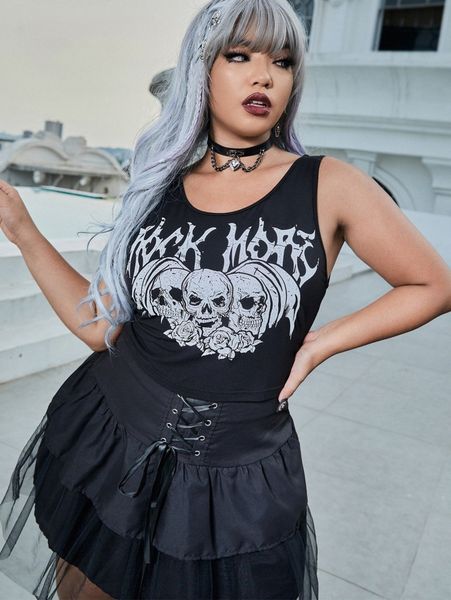 

plus floral & skull print tank 980a#, Black