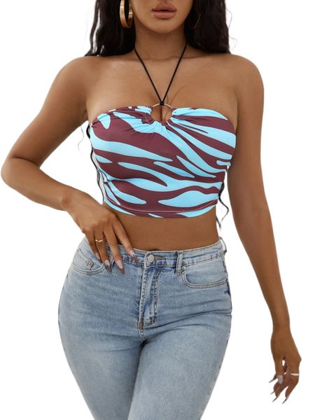 

zebra striped print o-ring ruched cutout crop halter u6sz#, White