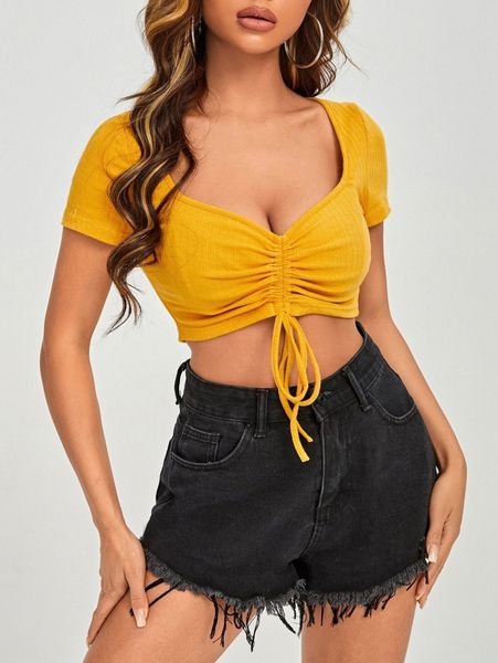 

sweetheart neck drawstring solid tee g88g#, White