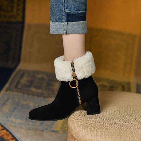 

boots winter thick heel square head side zipper warm leather boots outdoor commuting style comfortable snow 91c1, Black