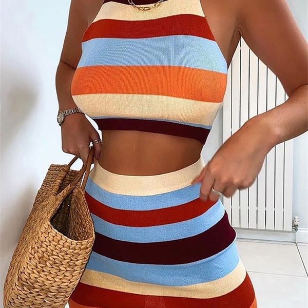 Malha 2 Conjunto de duas peças roupas femininas roupas de crochê de crochê praia listrada vestido de férias casual conjuntos de colheita e mini -saia 220527