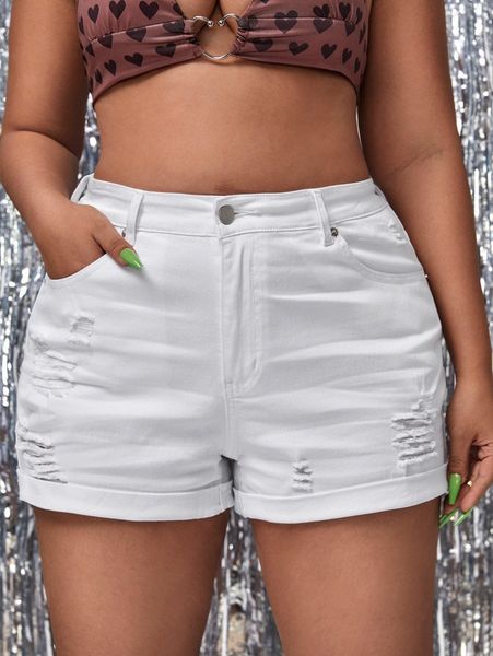 

plus ripped button front denim shorts p4b0#, White;black