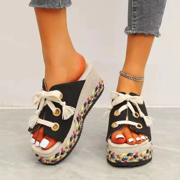 

cross strap wedges slides women 2022 summer canvas platform lace-up slippers woman plus size braided bottom high heeled sandals, Black