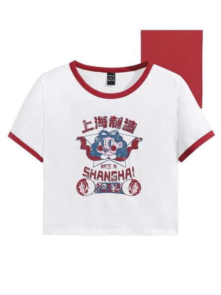 

x zhihan wang letter & figure graphic contrast binding crop tee p51x#, White