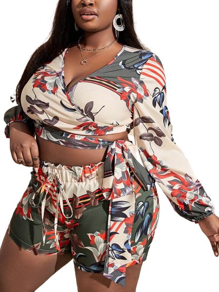 

sxy plus floral print lantern sleeve wrap knot side crop blouse 585m#, Black