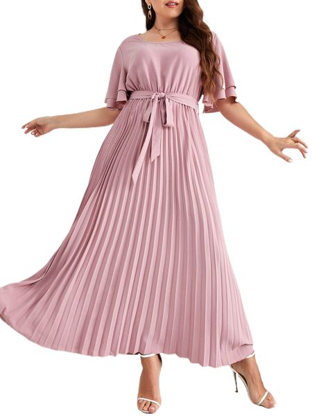 

plus butterfly sleeve pleated hem belted dress 89qq#, Black