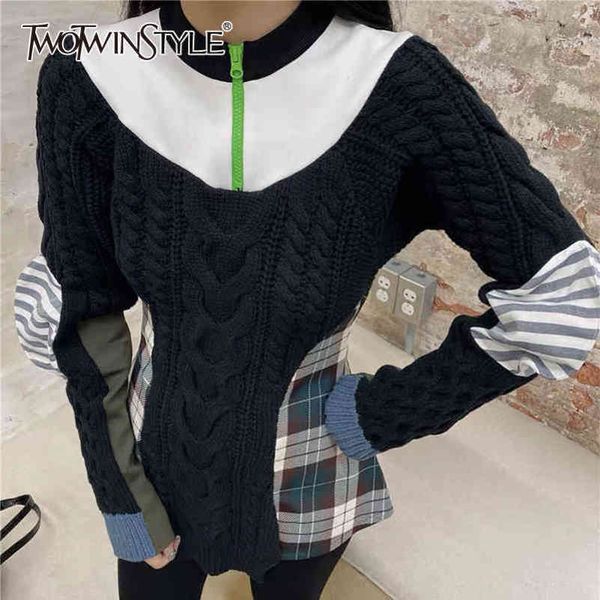 

korean print plaid sweater for women o neck long sleeve hit color casual sweaters female fashion clothing 210423, White;black
