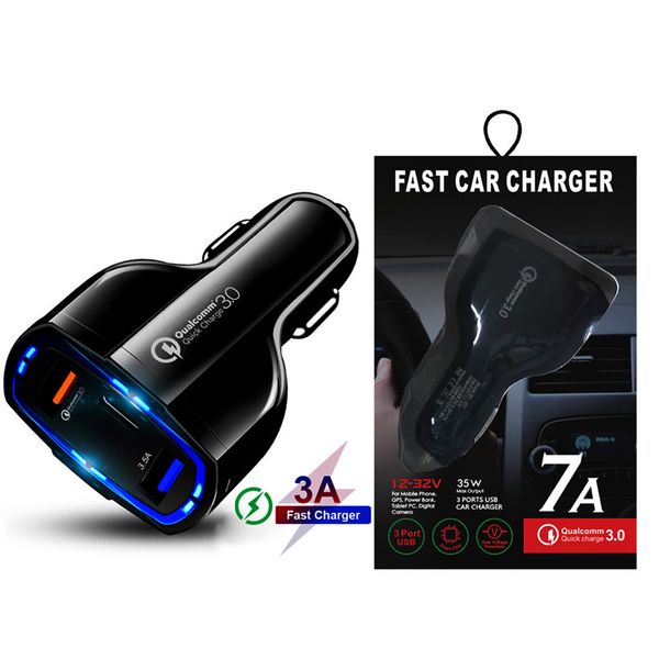 3 Porto Carregador de carro 3.5A USB QC3.0 Tipo-C Carregamento rápido para iPhone Xiaomi Samsung Mini Carregadores Rápidos Adaptador de veículos com pacote de varejo