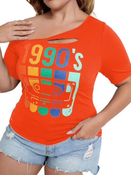

plus letter graphic asymmetrical neck cut out tee 13hv#, Black