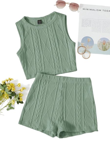 

cable textured tank & shorts u5on#, White