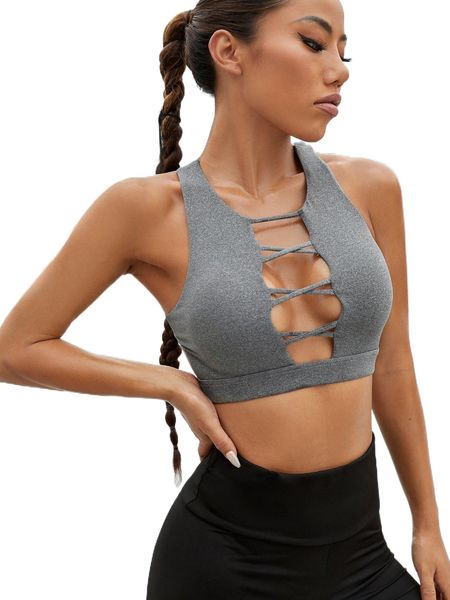 

medium support criss-cross cut out sports bra r4kd#, Gray