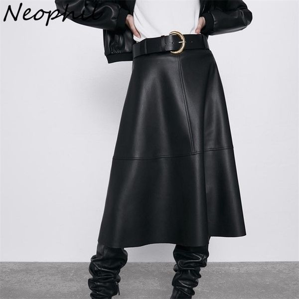 

neophil vintage women pu faux leather midi skirts latex jupe longue winter fashion a-line high waist black belt long skirt s9730 220401