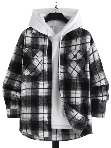 

men plaid flap pocket coat without hoodie p3e4#, Black;brown