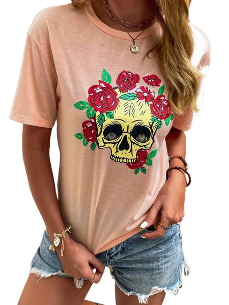 

skull & floral print drop shoulder tee o172#, White