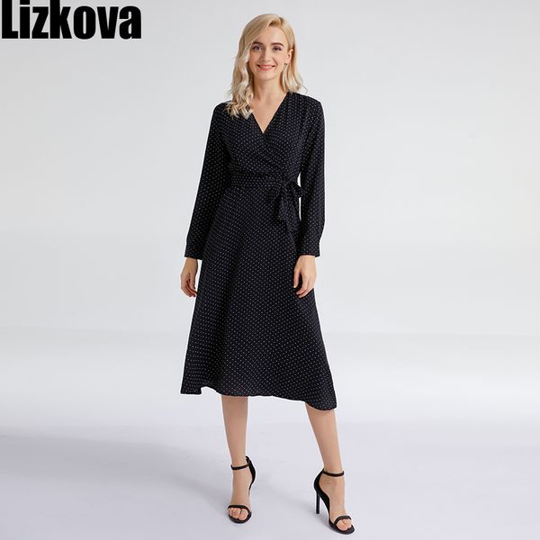 

lizkova black dot print dress women spring cross vneck long sleeve wrap robe female elegant red party vestido lg001 210303, Black;gray