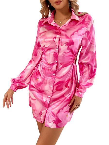 

allover print satin shirt dress k2ok#, Black;gray