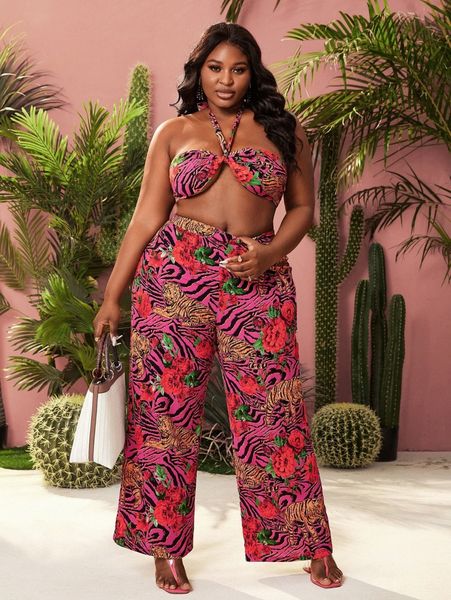 

sxy plus tiger and floral print open back crop halter & pants set r7jo#, Black