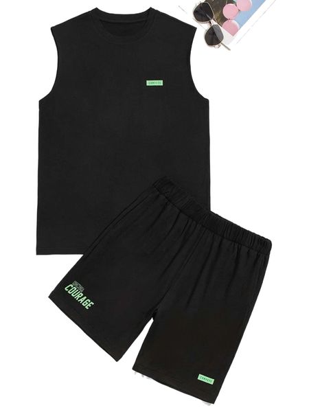 

men letter graphic tank & shorts d3pr#, Gray