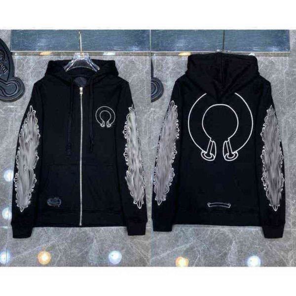 

luxury classic designer fashion hoodies mens zipper ch horseshoe sanskrit cross print pullover hooded sweatshirts sweater woman loose jackts, Black