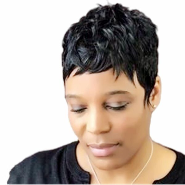 

pixie cut natural wave short human hair wig for women brazilian remy finger wavy wig non lace wigs, Black;brown