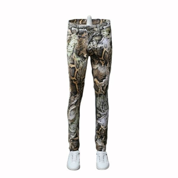 Мода мужские серпантины напечатанные джинсы мужские цветные чертежные брюки цветные брюки мужские узкие классические змеиные зерна 220328