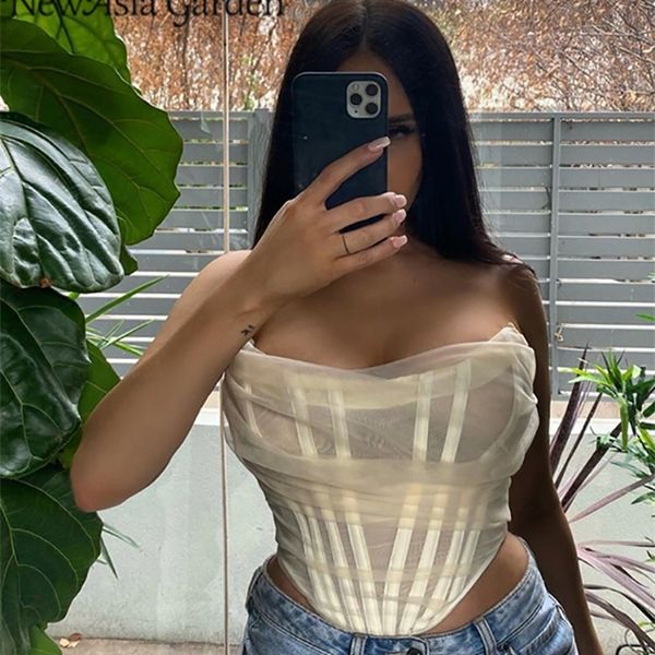 

asia corset women sleeveless off shoulder female boned cropped streetwear bustier mesh crop white 220423